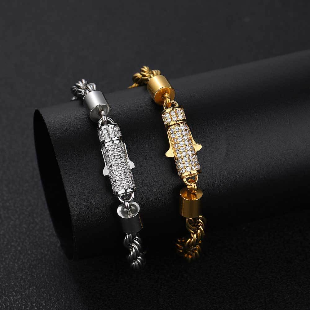 Men's hip-hop diamond buckle bracelet stainless steel twist chain personality bracelet